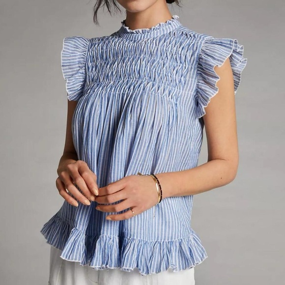 Anthropologie Tops - Anthropology Uli Ruffled Blouse Size XS Blue and White